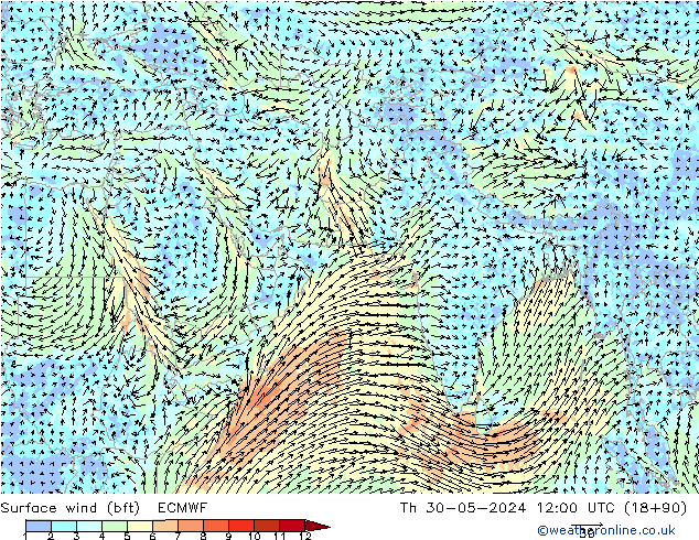 Surface wind (bft) ECMWF Th 30.05.2024 12 UTC