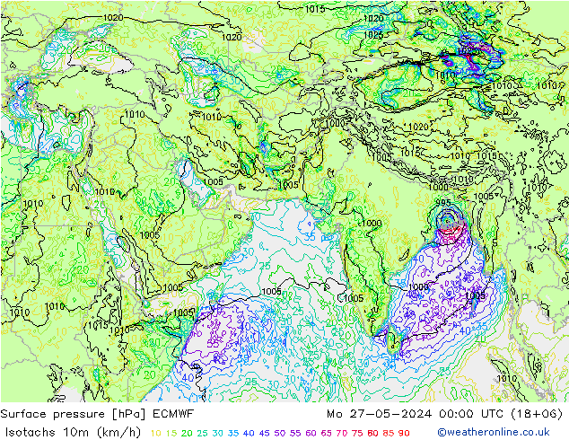 10米等风速线 (kph) ECMWF 星期一 27.05.2024 00 UTC