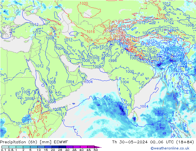 Precipitation (6h) ECMWF Th 30.05.2024 06 UTC