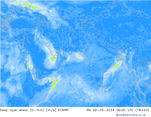 Deep layer shear (0-1km) ECMWF Çar 29.05.2024 06 UTC