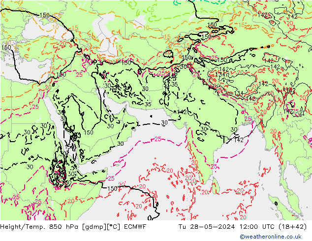 Hoogte/Temp. 850 hPa ECMWF di 28.05.2024 12 UTC