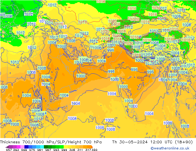 Thck 700-1000 hPa ECMWF Th 30.05.2024 12 UTC