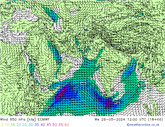 Vent 950 hPa ECMWF mer 29.05.2024 12 UTC