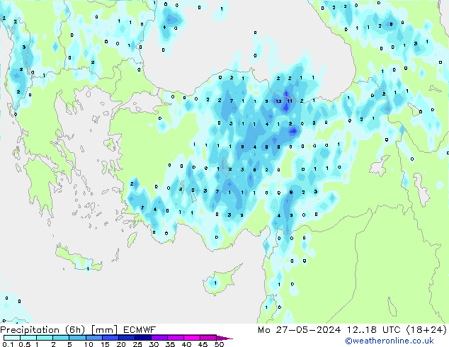 Precipitation (6h) ECMWF Po 27.05.2024 18 UTC