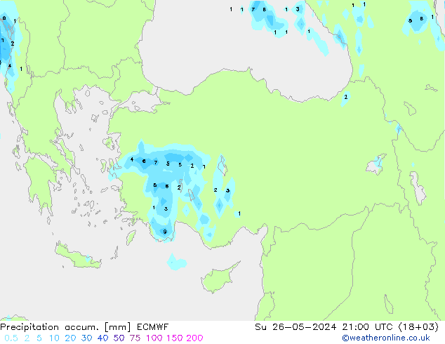 Precipitation accum. ECMWF Dom 26.05.2024 21 UTC
