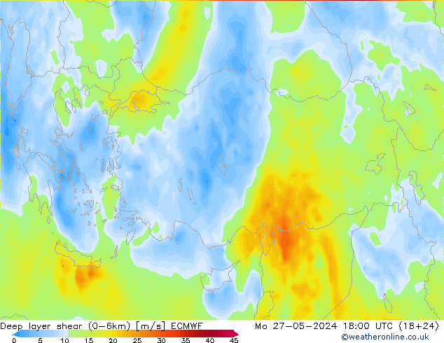 Deep layer shear (0-6km) ECMWF lun 27.05.2024 18 UTC