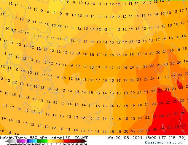 Height/Temp. 850 hPa ECMWF We 29.05.2024 18 UTC