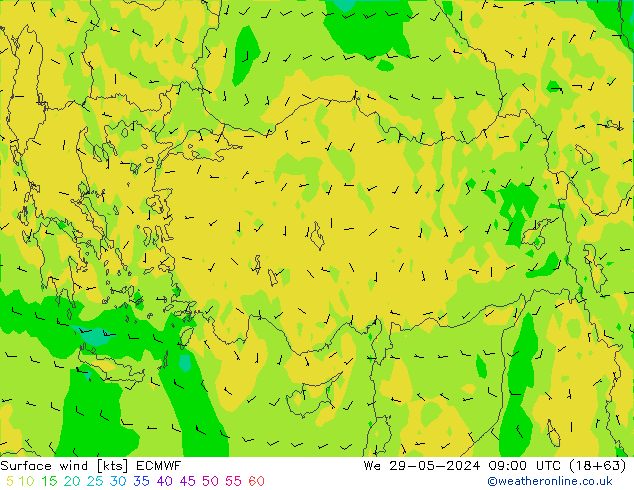 wiatr 10 m ECMWF śro. 29.05.2024 09 UTC