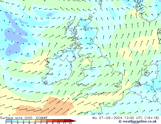 Rüzgar 10 m (bft) ECMWF Pzt 27.05.2024 12 UTC