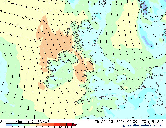 Surface wind (bft) ECMWF Čt 30.05.2024 06 UTC