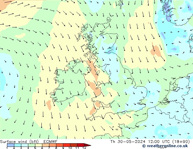 Vent 10 m (bft) ECMWF jeu 30.05.2024 12 UTC