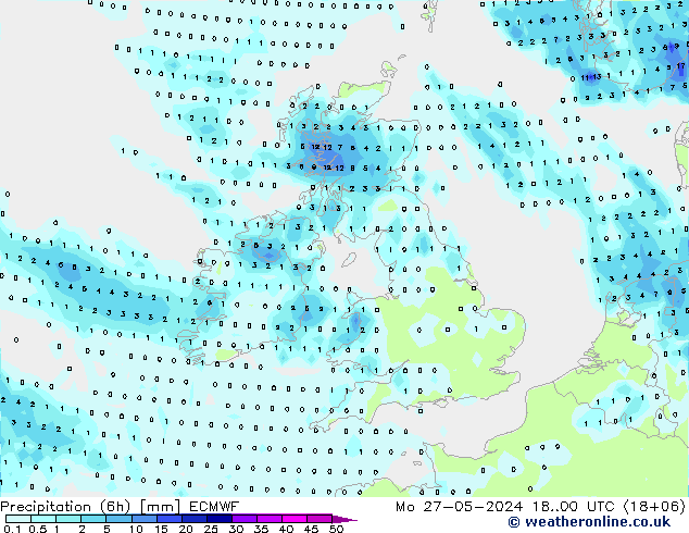 Precipitation (6h) ECMWF Mo 27.05.2024 00 UTC