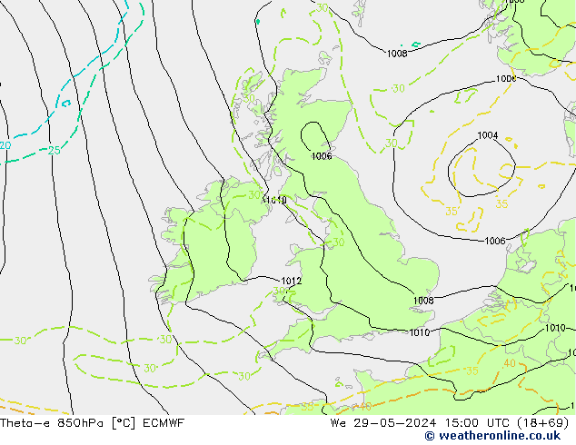 Theta-e 850hPa ECMWF mer 29.05.2024 15 UTC