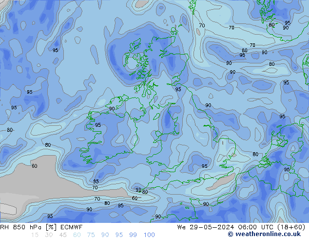 RH 850 hPa ECMWF mer 29.05.2024 06 UTC