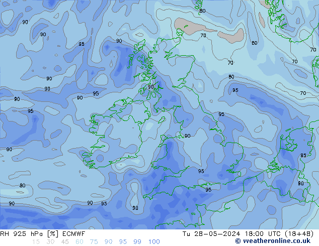 RH 925 hPa ECMWF Tu 28.05.2024 18 UTC