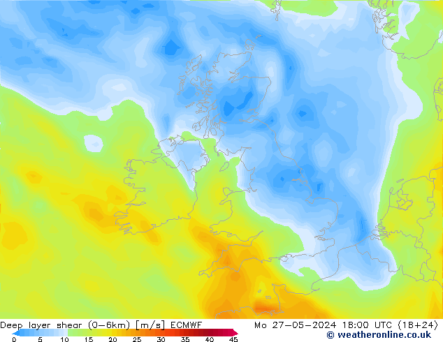 Deep layer shear (0-6km) ECMWF Mo 27.05.2024 18 UTC