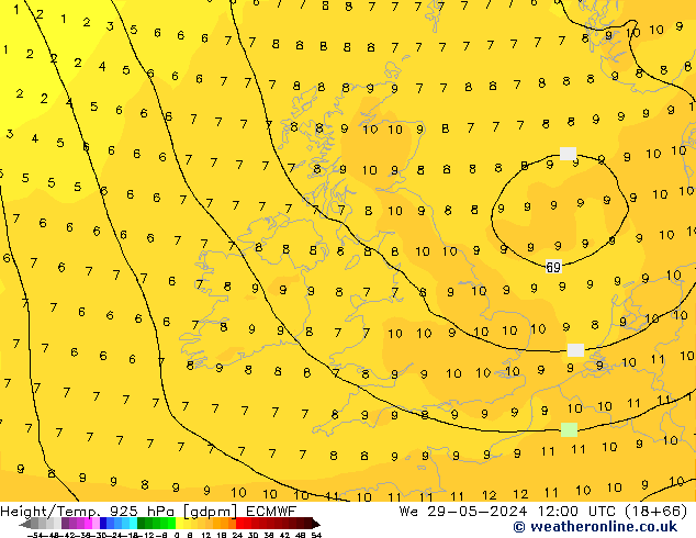 Hoogte/Temp. 925 hPa ECMWF wo 29.05.2024 12 UTC