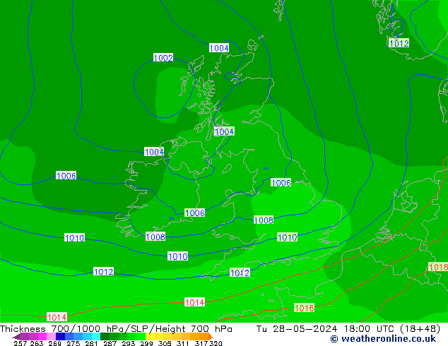 Thck 700-1000 гПа ECMWF вт 28.05.2024 18 UTC