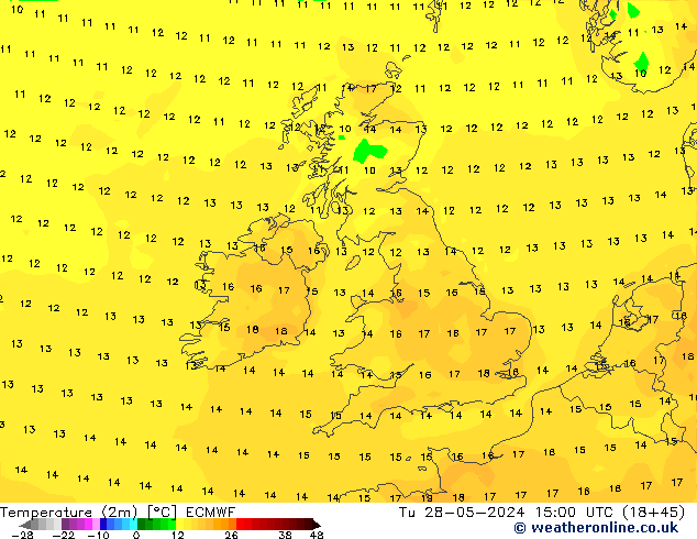 Temperature (2m) ECMWF Tu 28.05.2024 15 UTC