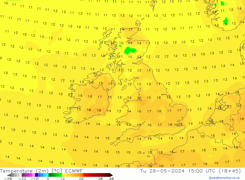 mapa temperatury (2m) ECMWF wto. 28.05.2024 15 UTC