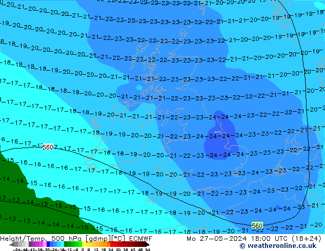 Z500/Rain (+SLP)/Z850 ECMWF Mo 27.05.2024 18 UTC