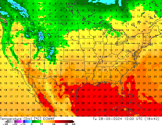 карта температуры ECMWF вт 28.05.2024 12 UTC