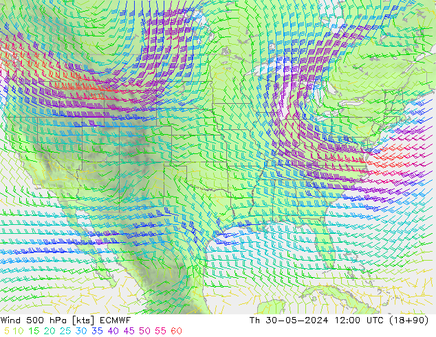 Wind 500 hPa ECMWF do 30.05.2024 12 UTC