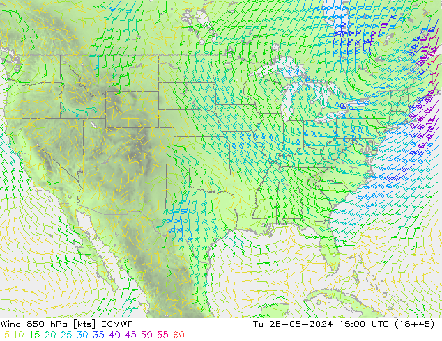 Wind 850 hPa ECMWF Út 28.05.2024 15 UTC