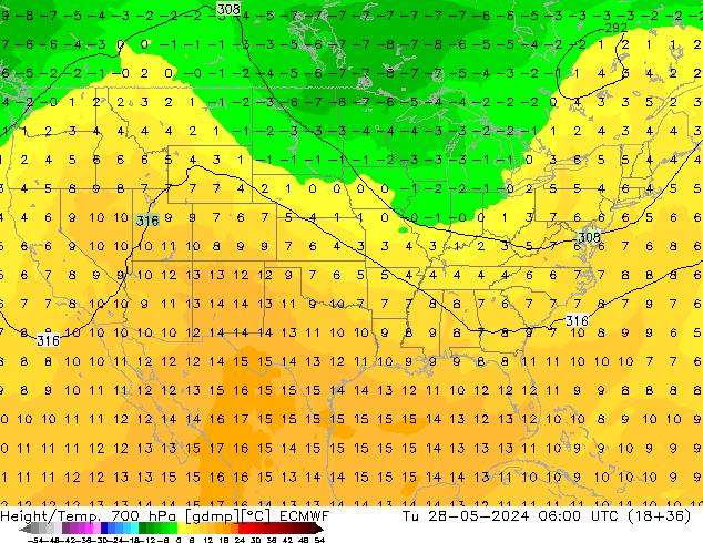 Height/Temp. 700 hPa ECMWF wto. 28.05.2024 06 UTC