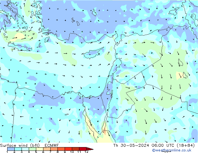 Vento 10 m (bft) ECMWF gio 30.05.2024 06 UTC