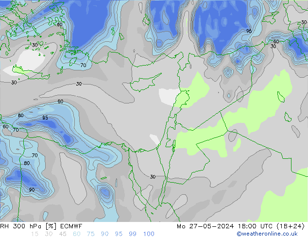 RH 300 hPa ECMWF Mo 27.05.2024 18 UTC