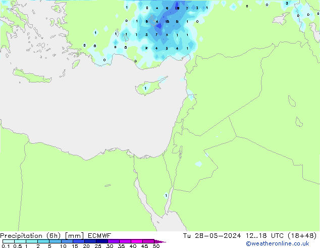 Precipitation (6h) ECMWF Út 28.05.2024 18 UTC