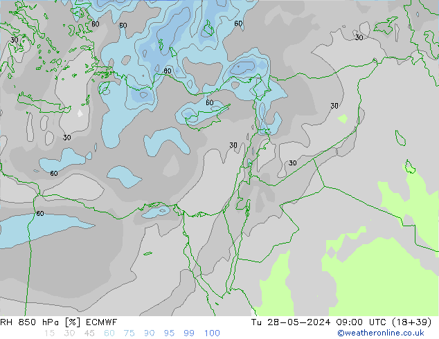 Humidité rel. 850 hPa ECMWF mar 28.05.2024 09 UTC