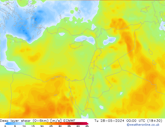 Deep layer shear (0-6km) ECMWF Tu 28.05.2024 00 UTC