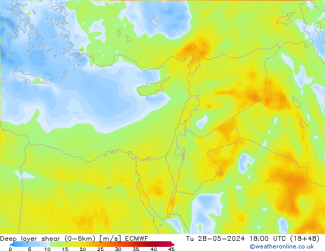 Deep layer shear (0-6km) ECMWF Ter 28.05.2024 18 UTC