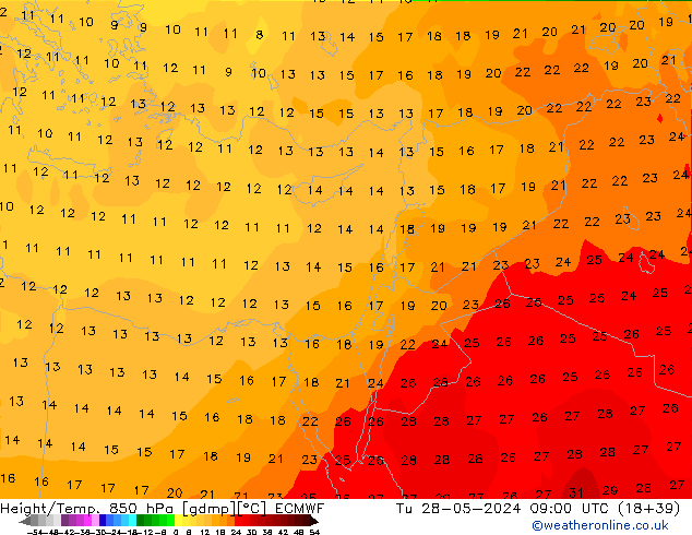 Géop./Temp. 850 hPa ECMWF mar 28.05.2024 09 UTC