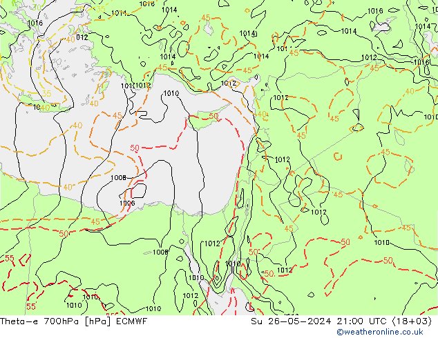 Theta-e 700hPa ECMWF Su 26.05.2024 21 UTC