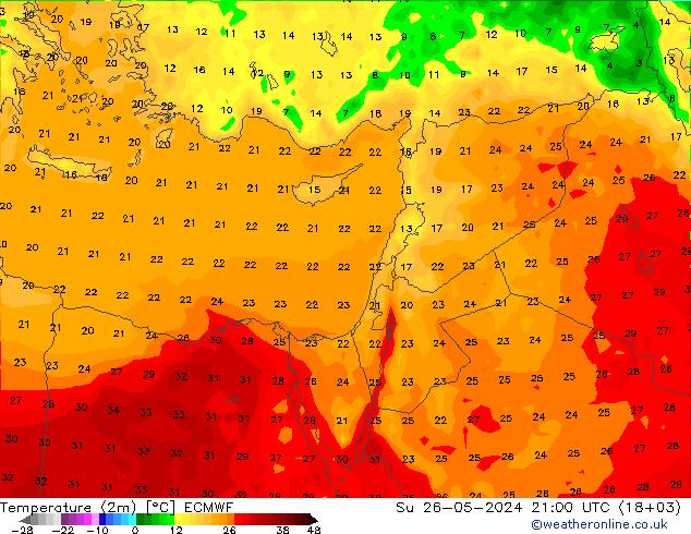 Temperature (2m) ECMWF Ne 26.05.2024 21 UTC