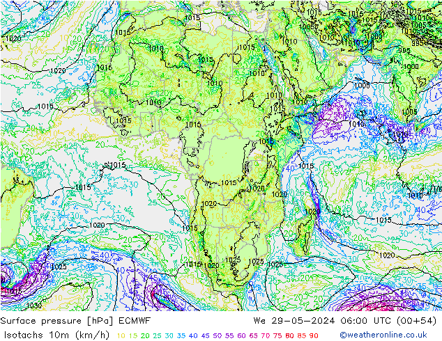 Isotachs (kph) ECMWF Qua 29.05.2024 06 UTC