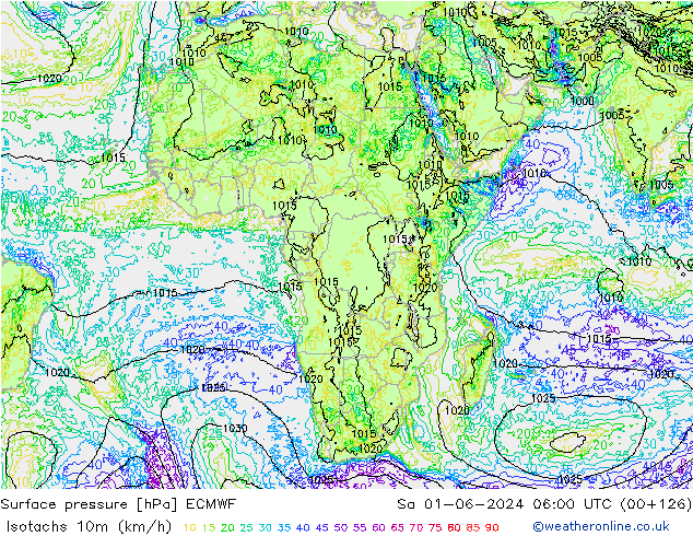 Isotachen (km/h) ECMWF za 01.06.2024 06 UTC