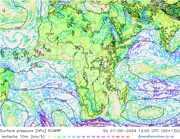 Isotachen (km/h) ECMWF Sa 01.06.2024 12 UTC