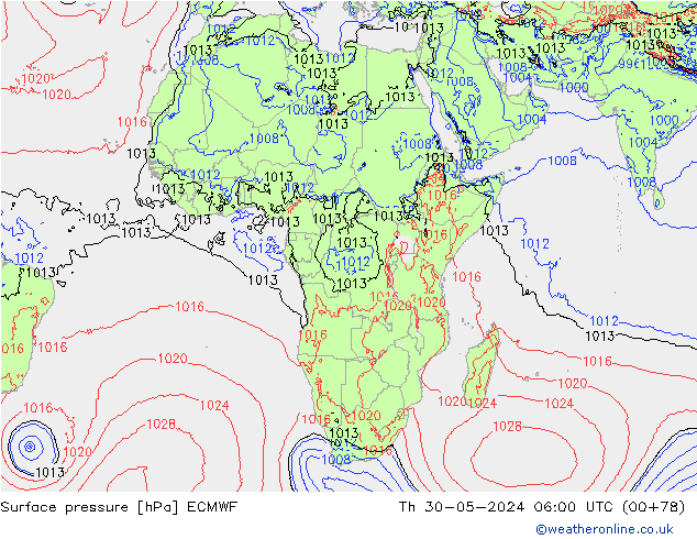 pressão do solo ECMWF Qui 30.05.2024 06 UTC