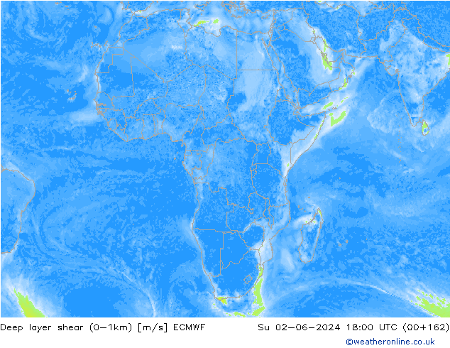 Deep layer shear (0-1km) ECMWF Su 02.06.2024 18 UTC