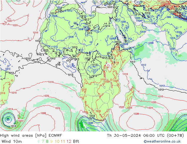 High wind areas ECMWF Qui 30.05.2024 06 UTC