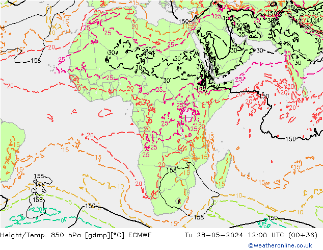 Z500/Rain (+SLP)/Z850 ECMWF Út 28.05.2024 12 UTC