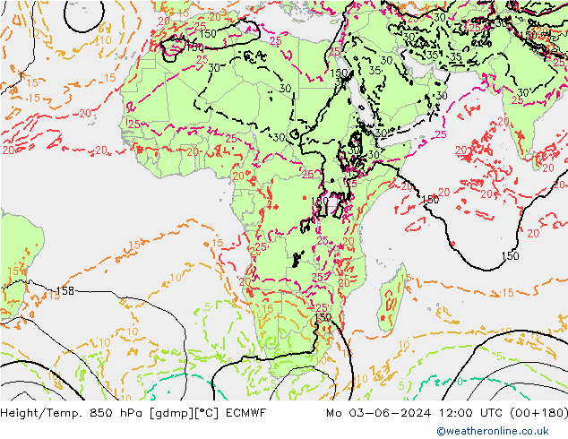 Height/Temp. 850 hPa ECMWF pon. 03.06.2024 12 UTC