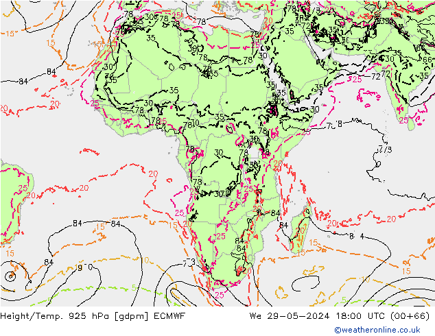 Hoogte/Temp. 925 hPa ECMWF wo 29.05.2024 18 UTC