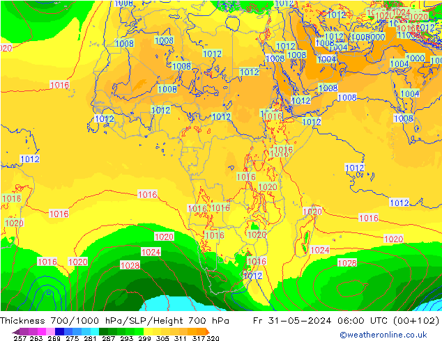 Dikte700-1000 hPa ECMWF vr 31.05.2024 06 UTC