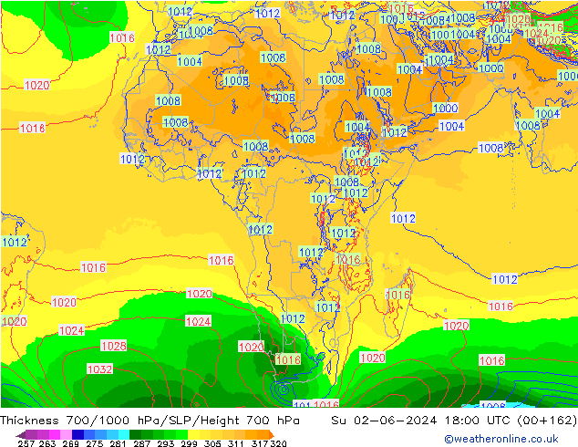 Schichtdicke 700-1000 hPa ECMWF So 02.06.2024 18 UTC