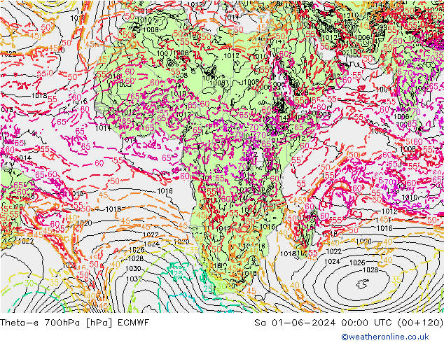 Theta-e 700hPa ECMWF sab 01.06.2024 00 UTC